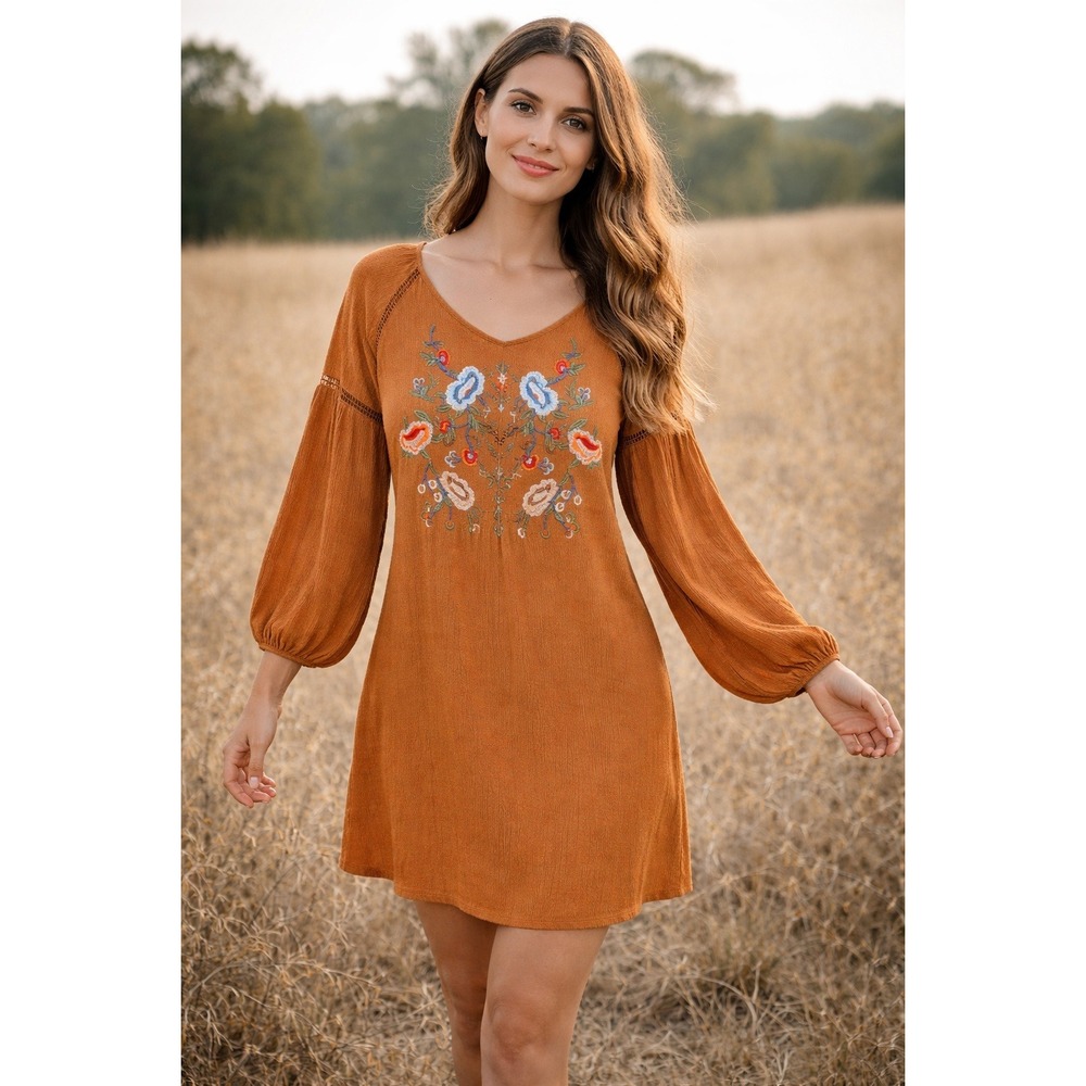 She + Sky Mini Dress Women Medium Rust Brown Floral Embroidered Boho SL6389
